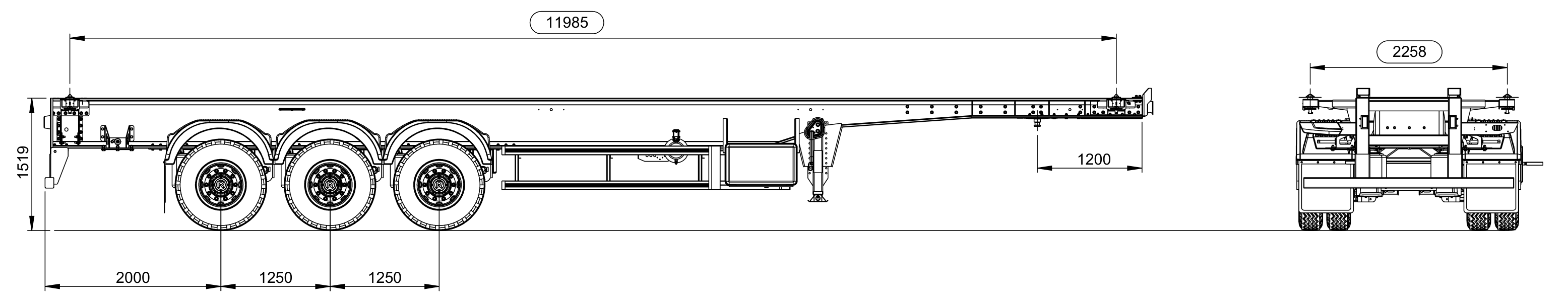 Desenho técnico do Porta-Container, vista lateral e traseira com cotas